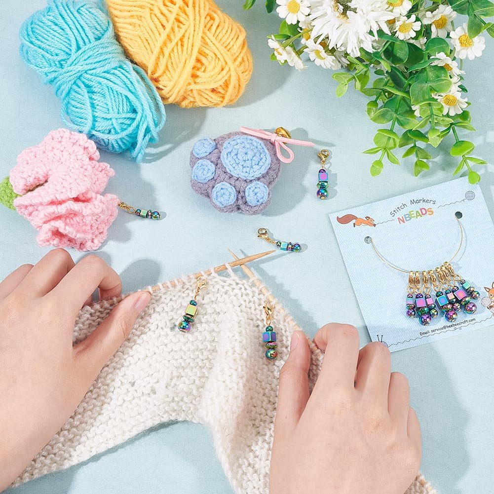 24 Pcs Rainbow Color Beaded Pendant Stitch Markers 304 Stainless Steel Crochet Stitch Marker Removable Lobster Clasp Locking Stitch Marker for Weaving Sewing Needleworks Jewelry Making colorful DIY