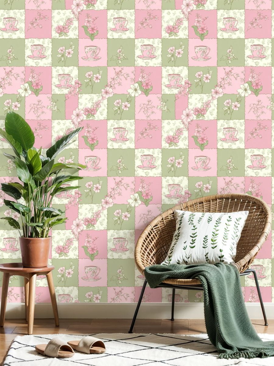 Sage Green Peel and Stick Wallpaper Pink Green Floral Tea Cups Botanical Design Wall Mural 23.6in x 9.8ft Self Adhesive Removable Wall Paper Renter Friendly Wallpaper for Girls Bedroom Livingroom
