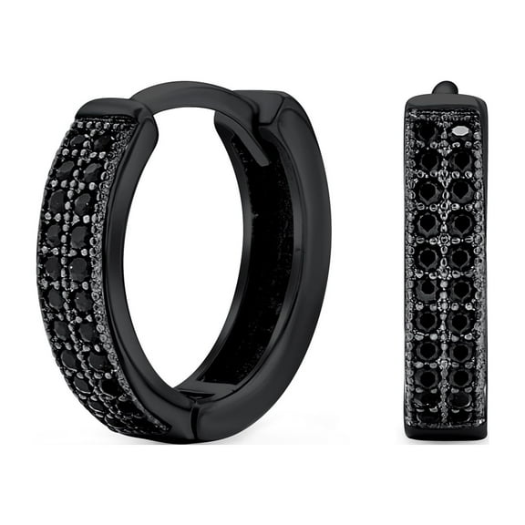 Bling Jewelry Womens .925 Sterling Silver Pave CZ Black 2 Row Huggie Earrings Men Mini Hoop IP Black .30 Inch