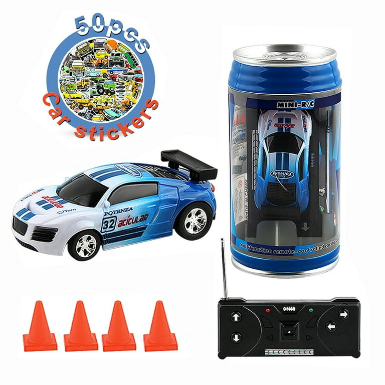 LNGOOR Kids Plastic 4 wheel Cans Remote Control Car Mini Canned RC Vehicle Small Children Toy Blue with 50PCS Car Collection Graffiti Toys Waterproof