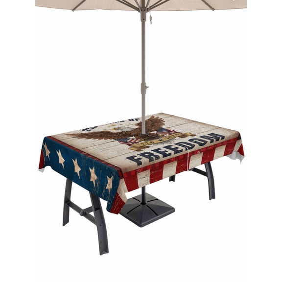 Outdoor Tablecloth with Umbrella Hole for Patio/Picnic/Party/Camping, Anniversary USA Flag Waterproof Table Cloth Rectangle Table Cover Washable, Eagle Blue Red Vintage (60"x 102")