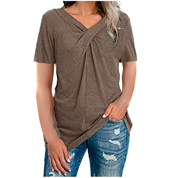 Abcnature Women V-Neck Short Sleeve Solid T-shirt Blouse Ladies Plus Size Tops Coffee S