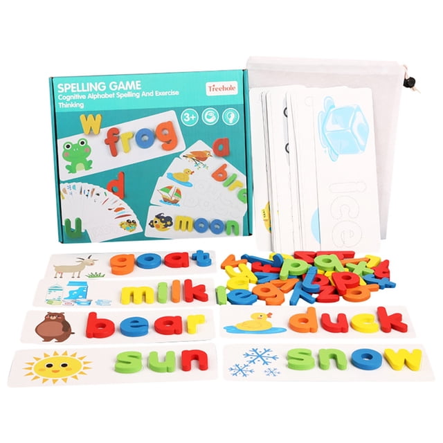 Alphabet Spelling Game Wooden Letter Blocks Vocabulary Builder Early Learning Educational Toy For Kids Word Formation Language Development Puzzle Set Storage Bag 0.77Lb