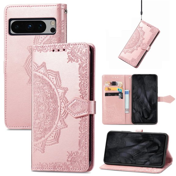Google Pixel 8 Pro Case for Girls Women, Flip Folio Manadala Embossed Shockproof Hand Wrist Bumper Girly Cards Slots Wallet Case for Google Pixel 8 Pro - Rosegold