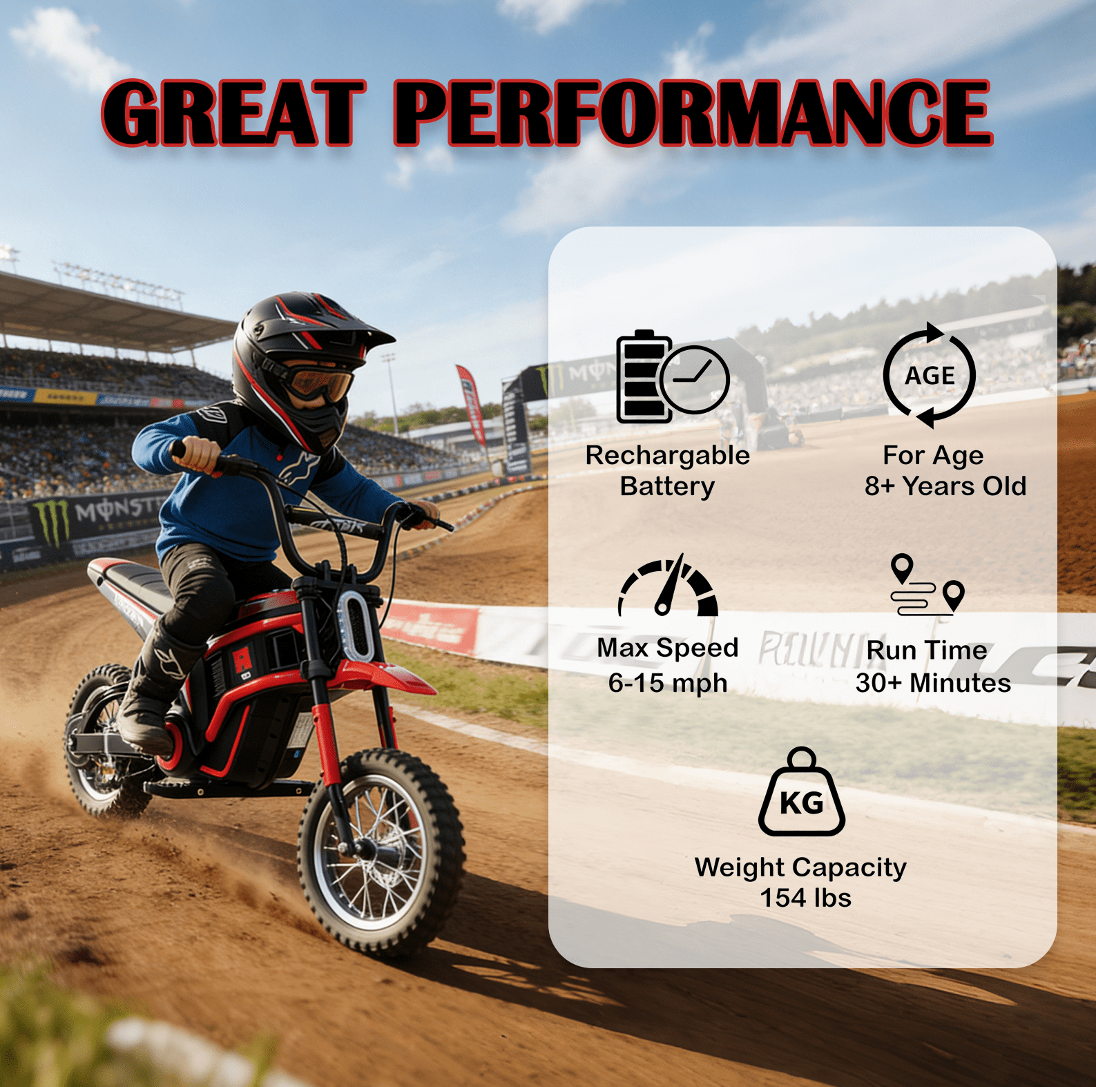 Kids Electric Dirt Bike with LED Safety Lights, 15 MPH Max, 3-Speed Parent Control, 24V Motorcycle, Durable 250W Gear-Safe Motor, Red