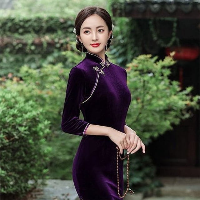 ALSLIAO Nuevo y lujoso vestido largo de terciopelo para mujer, cheongsam chino ajustado, qipao morado M
