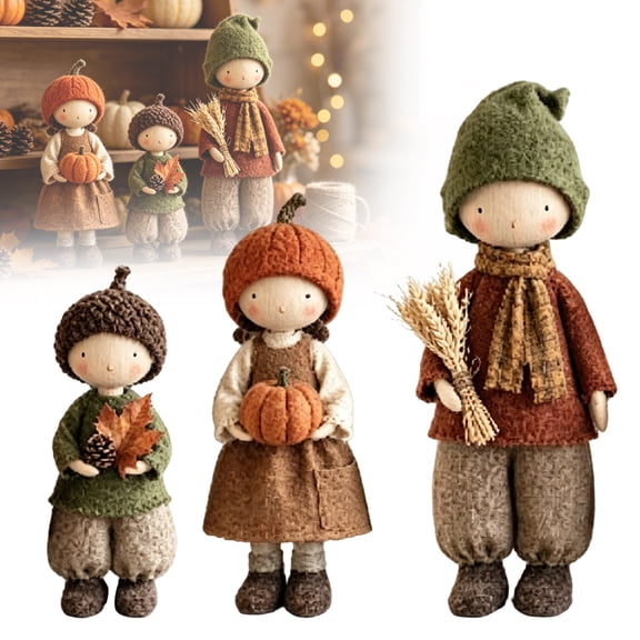 Rustic Fall Doll Figurines Set of 3, Autumn Harvest Fabric Dolls, Farmhouse Thanksgiving Tabletop Statues, Pumpkin Wheat Decor Doll Ornament, Vintage Shelf Display Figures, Hand‑Stitched Home Decors