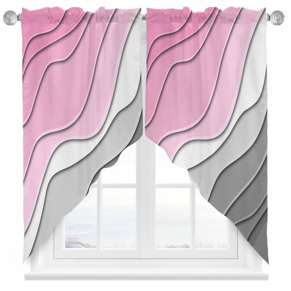 Swag Curtains Valances for Windows, Pink Gray Beach Coastal Short Kitchen Window Curtains Over Sink, Abstract Geometric Ocean Waves Cafe Curtains Panel Set Of 2,Rod Pocket, 36 Inches Length