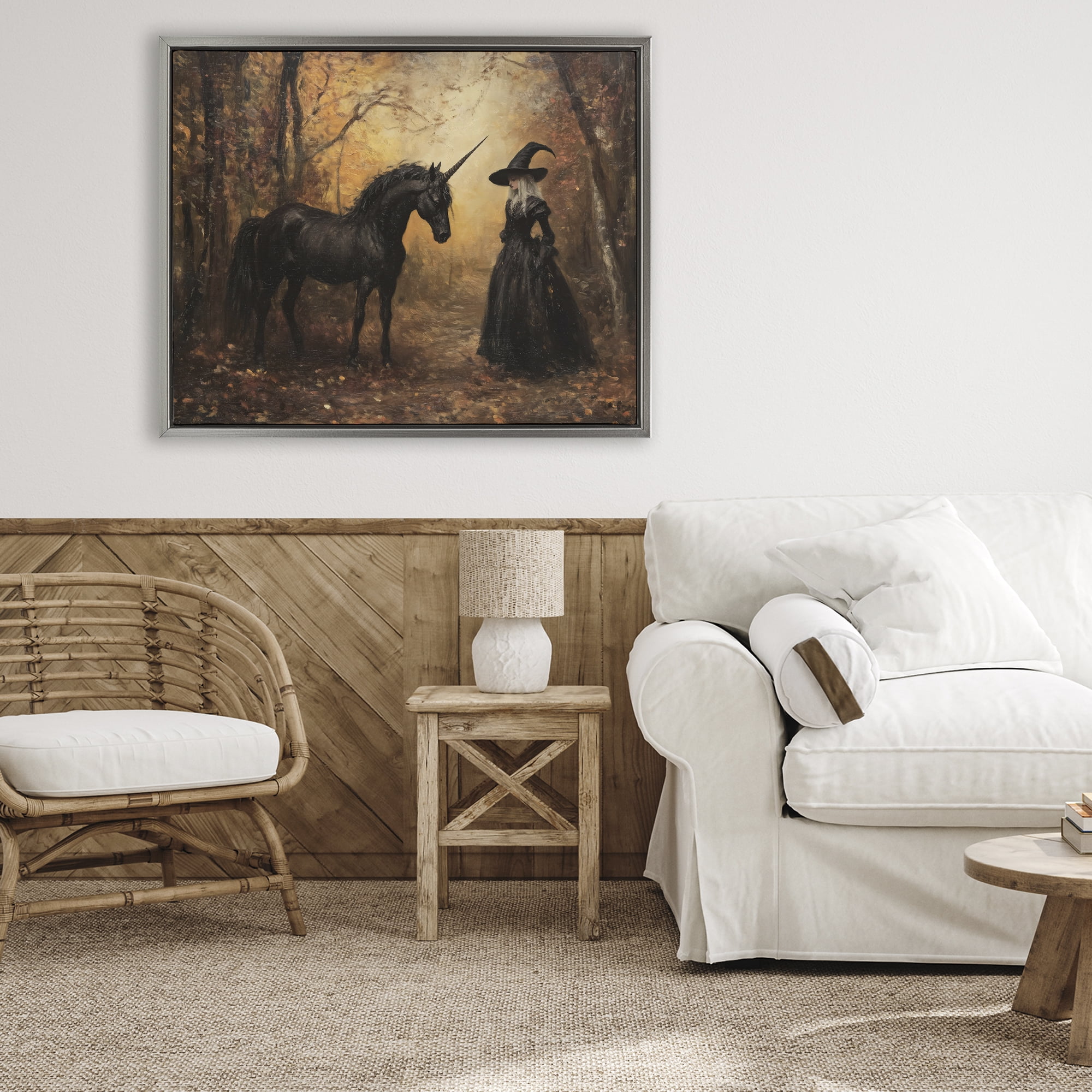 Witch & Black Unicorn Gray Framed Floater Canvas Wall Art, design by Arlington Prints