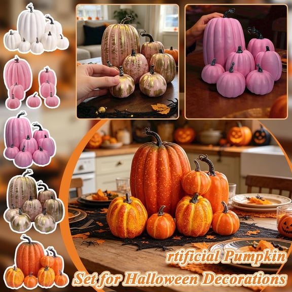 7-Piece Artificial Pumpkin Set Halloween Decorations,Realistic Foam Plastic Models with Natural Stem Detail,Lightweight for Spooky Tabletop Mantel Porch Display Orange Value Bundle Halloween Gifts