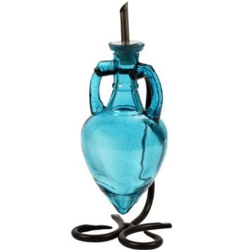 Hand Soap Dispenser, Olive Oil Bottle or Cooking Oil Container G228VM Aqua Amphora Style Glass Bottle. Glass Bottle with Stainless Steel Pour Spout, Cork and Powder Coated Black Metal Stand