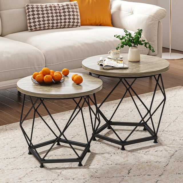 Juego de 2 mesas de centro redondas pequeñas, mesa de centro moderna con marco de metal, mesa de salón de fácil montaje, mesa auxiliar para dormitorio, oficina