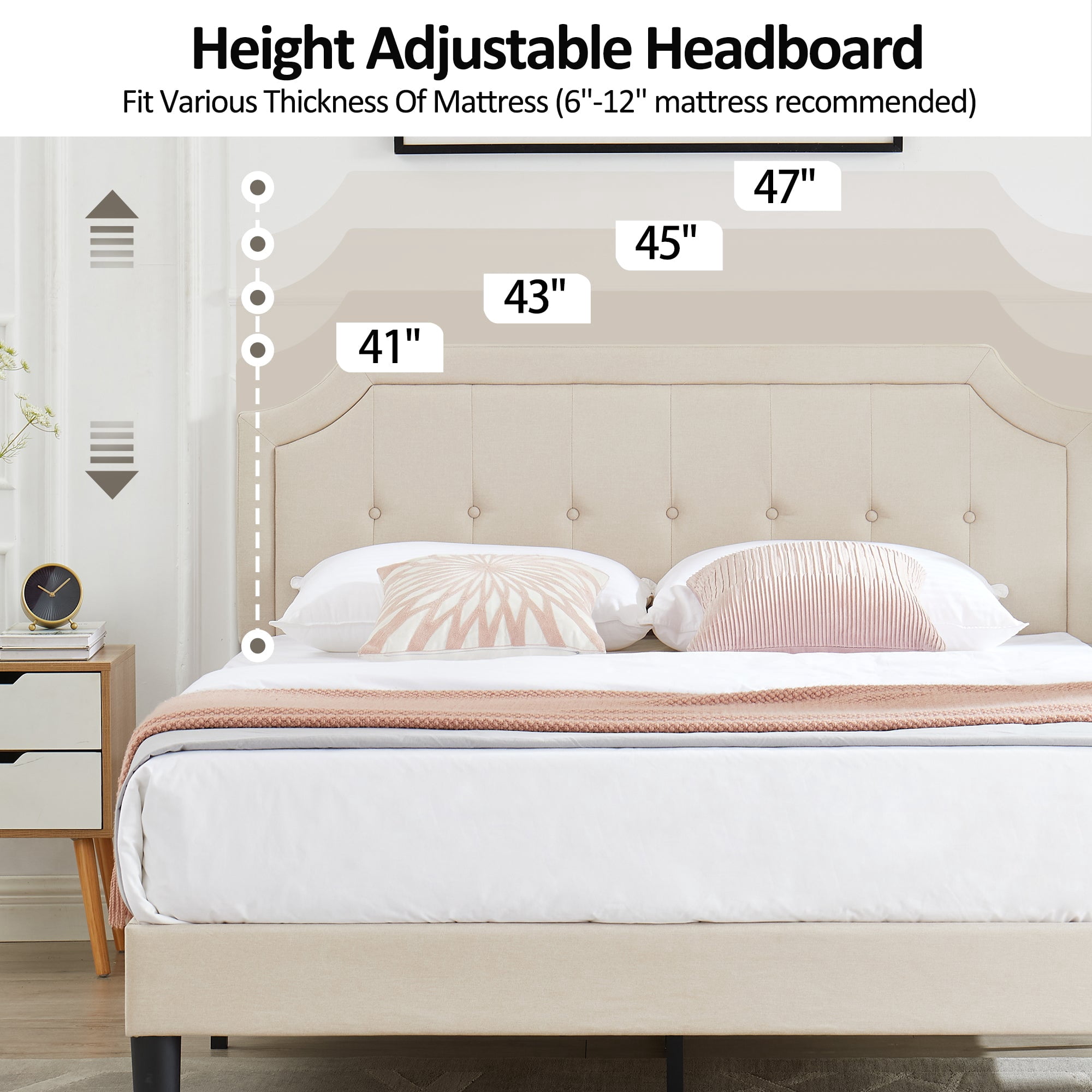Javlergo Full Size Bed Frame with Upholstered Adjustable Diamond Stitched Panel Headboard, Wood Slat Support/Easy Assembly, Beige