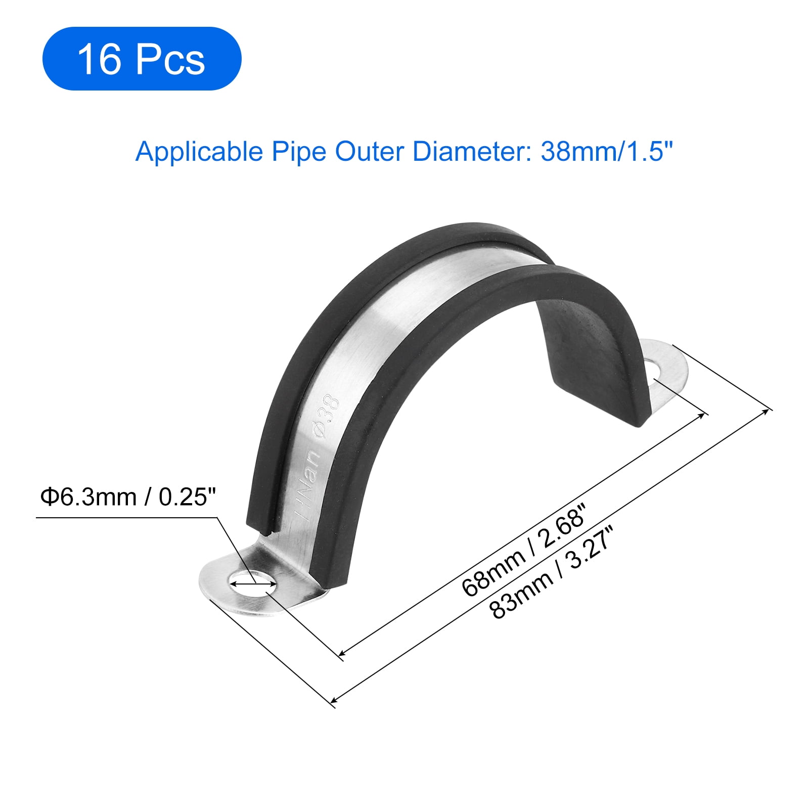 Uxcell 16Pack 38mm Cable Clamps, Stainless Steel Rubber Cushioned U-Tube Strap Clamp