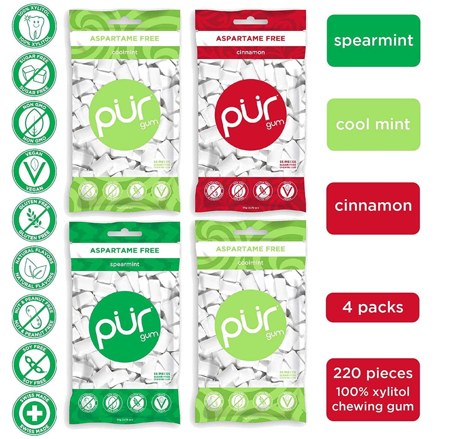 PUR 100 Xylitol Chewing Gum, Variety Pack, SugarFree + Aspartame Free