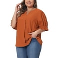 thumbnail image 4 of Agnes Orinda Women's Plus Size Chiffon Top Notched V Neck Puff Short Sleeve Casual Solid Blouse 2X Orange, 4 of 6