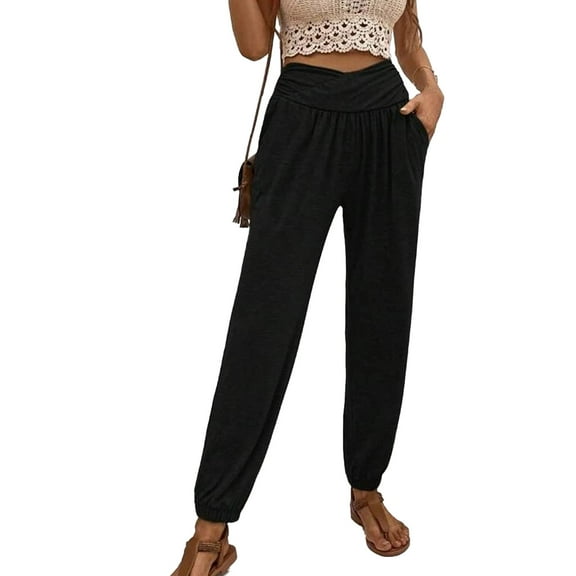 Women Tapered Cuff Jogger Cross Wrap Waist High Rise Loose Fit Workout Yoga Pants with Pockets Black XXL