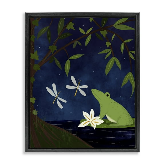 Stupell Industries Frog in Night Forest Animals Painting Black Floater Framed Canvas Art Print Wall Art, 17 x 21