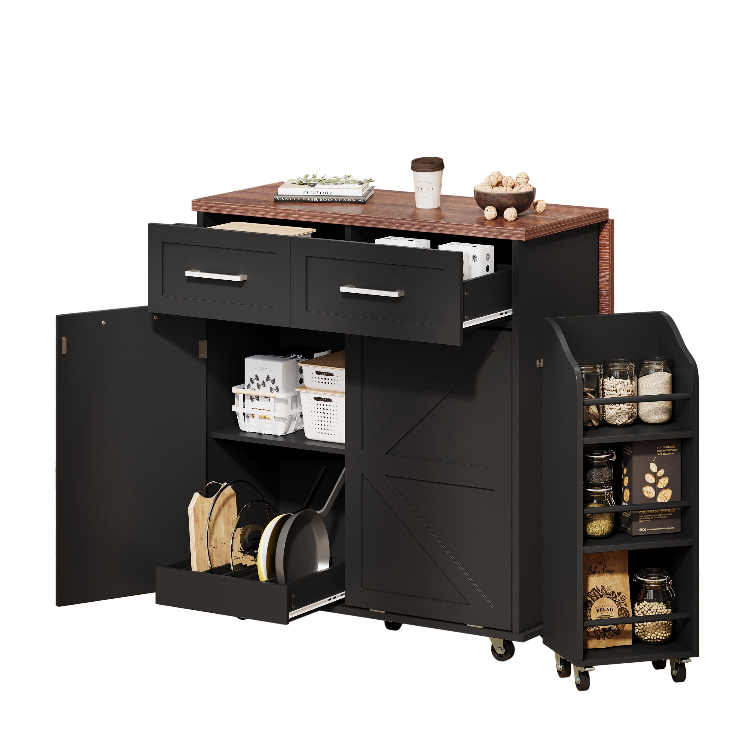 Euroco 47.2" Farmhouse Kitchen Island with Drop Leaf, Kitchen Storage Island with Removable Side Racks, Two Drawers, Rolling Kitchen Cart on Wheels with Towel Rack