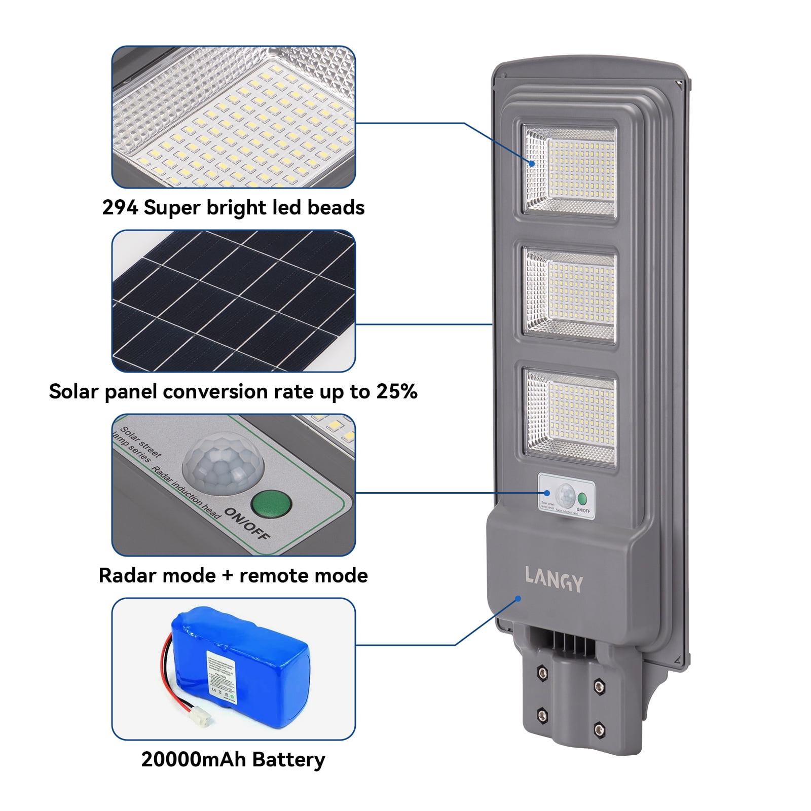 LANGY 120W Solar Street Lights Outdoor, 20000mAh 6500K Solar Parking Lot Lights Dusk to Dawn, IP65 Waterproof Solar Security Flood Lights with Motion Sensor for Yard, Garden, Parking Lot