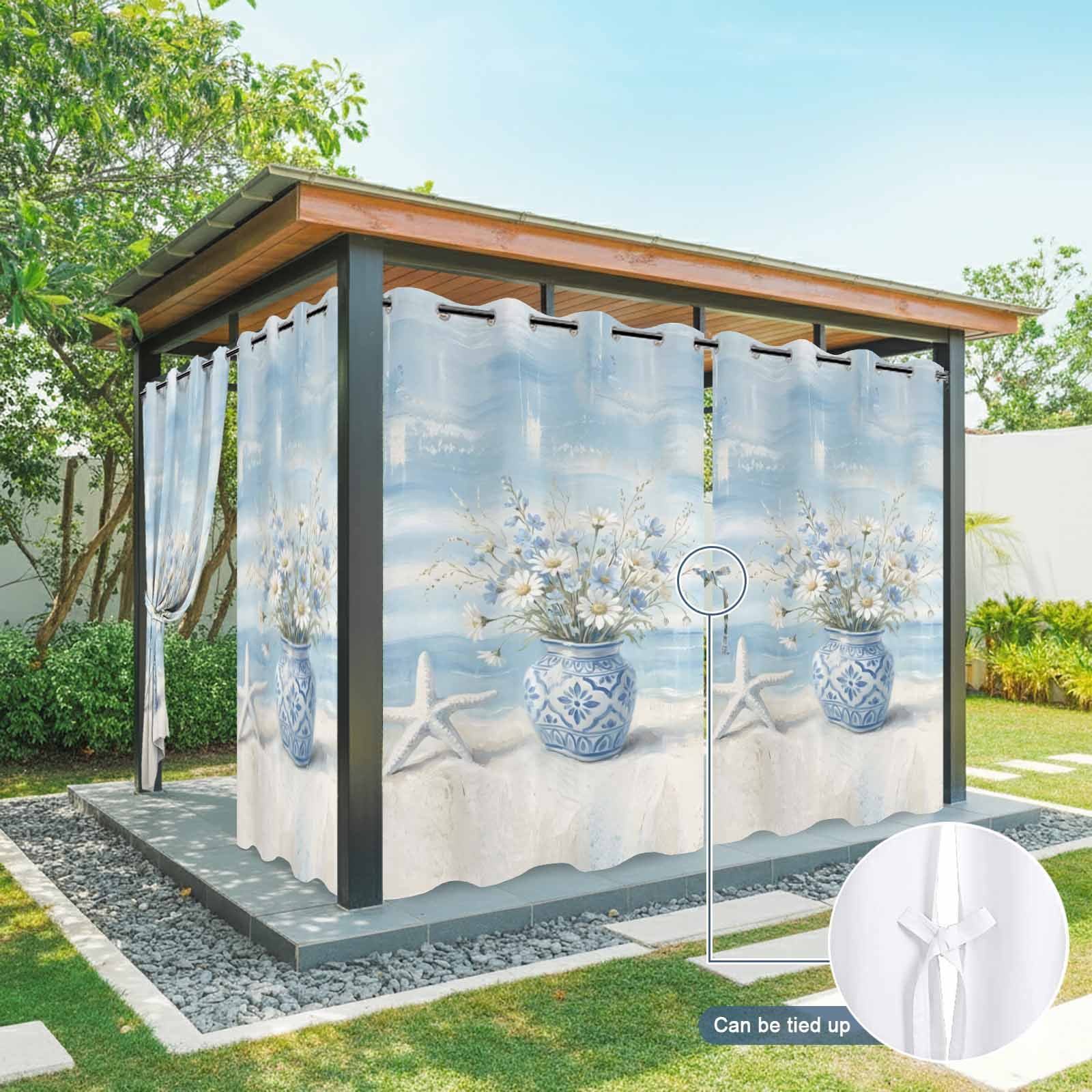 Summer Ocean Flower Outdoor Curtains for Patio, Country Nautical Sea Starfish Oil Painting Style Sunshade Privacy Drapes Grommet Waterproof Outside Curtains for Porch Balcony 54"x 108", 1 Panel