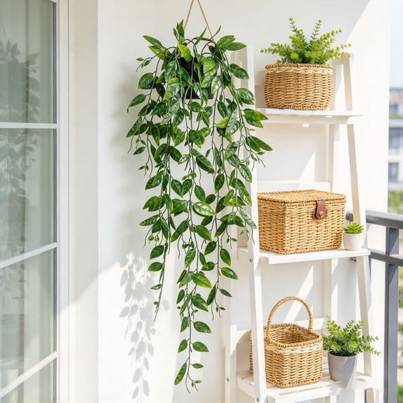 Clearance Artificial Hanging Vine Plant with Pot, Potted Trailing Greenery for Home Wall Room Indoor Decoration(A)