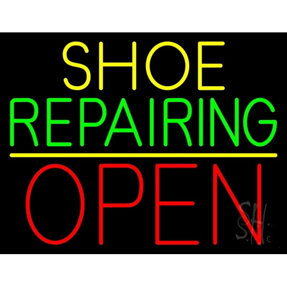 Yellow Shoe Green Repairing Open LED Neon Sign 15 x 19 - inches, Black Square Cut Acrylic Backing, with Dimmer - Bright and Premium built indoor LED Neon Sign for store interior Décor, Storefront.