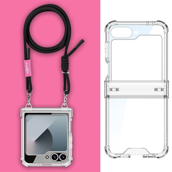 Dteck for Samsung Galaxy Z Flip 6 Case with Hinge Protection, Lightweight Non-Yellowing Transparent Clear Phone Cover with Crossbody Nylon Lanyard for Samsung Z Flip 6,Clear Case Black Strap