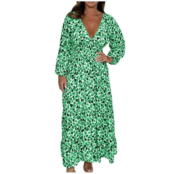Plus Size Maxi Dress for Women Sexy Deep V Neck 3/4 Sleeve Boho Print Long Dress Wedding Party Casual Dress