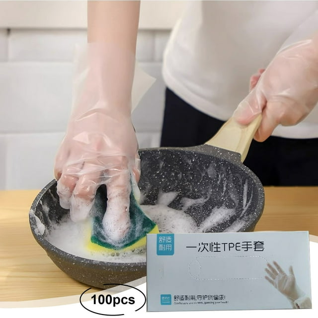 100 Pack - Disposable Gloves - Food Grade Material, Kitchen & Dining Use, Greaseproof & Chemical Resistant, Enhanced Grip Design, Clear, JKODE