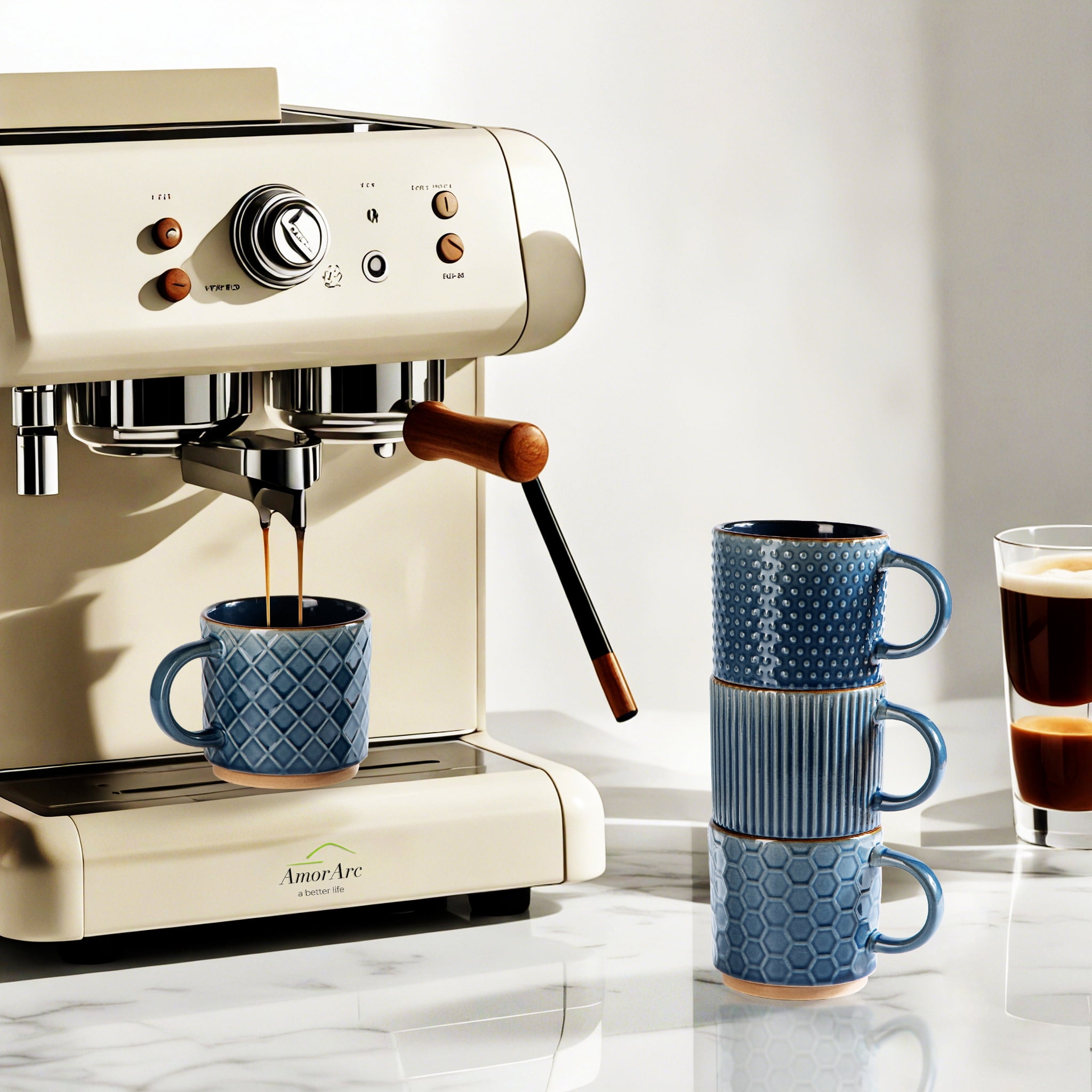 AmorArc 15OZ Stackable Coffee Mugs, Ceramic Coffee Cups with Texture Patterns for Man,Woman,Dad,Mom, Modern Coffee Mugs Set of 4 for Latte/Cappuccino/Cocoa. Dishwasher&Microwave Safe, Blue