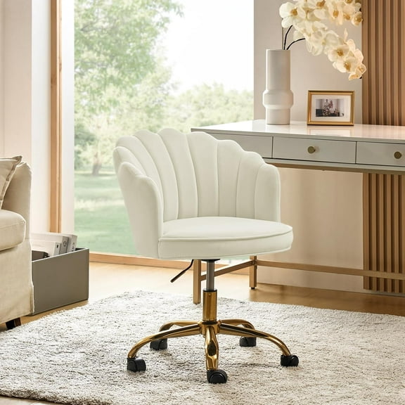 HULALA HOME Velvet Home Office Desk Chair with Gold Base, Adjustable Swivel Task Chair for Vanity, Women's Modern Cute Shell Back Upholstered Design, for Living Room, Ivory