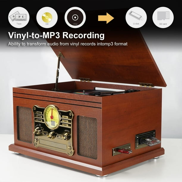 Tocadiscos Inalámbrico Todo en Uno con Radio FM, USB, TF, Codificación, Bluetooth, Reproductor de Casetes y Vinilo