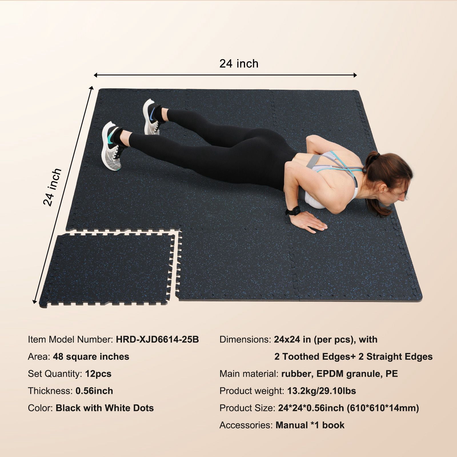 Dranite 0.56" Thick Gym Floor Mats, 12-Pack 25"x25" Rubber & EVA Foam Tiles
