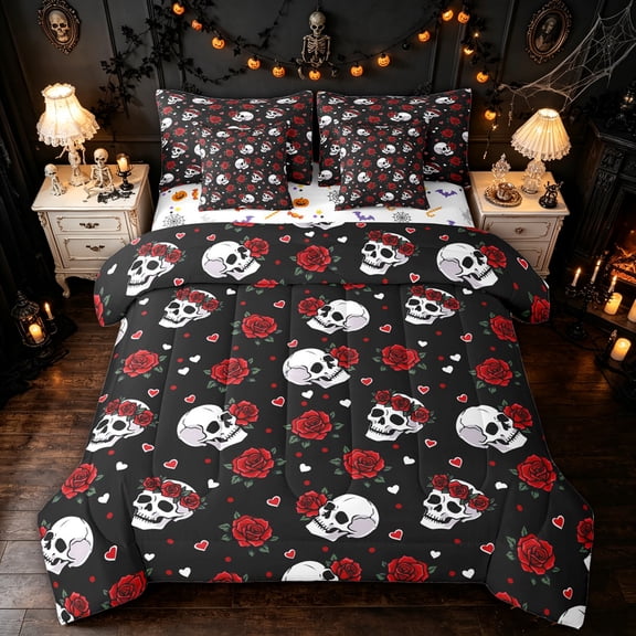 Feelyou Romantic Rose Skull Twin Bedding, Cartoon Red Flower Bedding Comforter Set, Halloween Reversible, 7-Piece