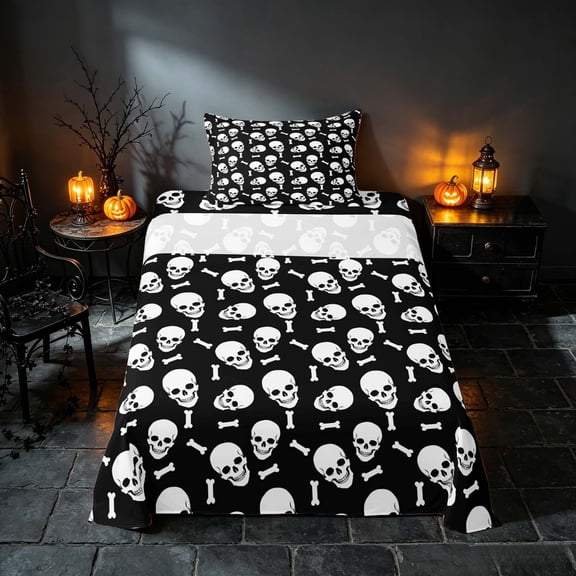 Homewish Happy Halloween Twin Sheets, Gothic Skull Bone Bedding, Black White, 3 Pieces (1 Flat Sheet, 1 Fitted Sheet and 1 Pillowcase)