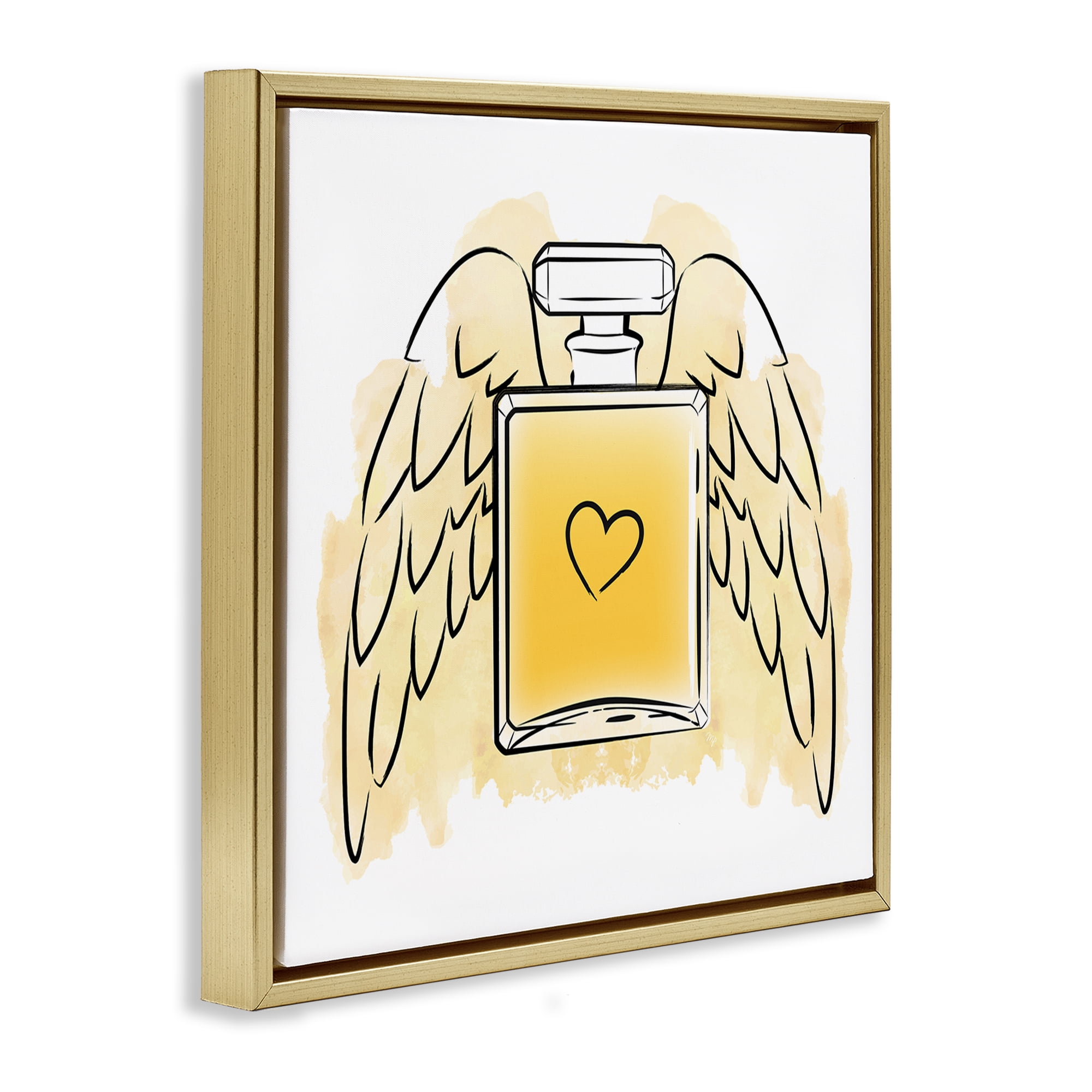 Stupell Industries Perfume with Angel Wings Fashion Painting Gold Floater Framed Canvas Art Print Wall Art, 18 x 18