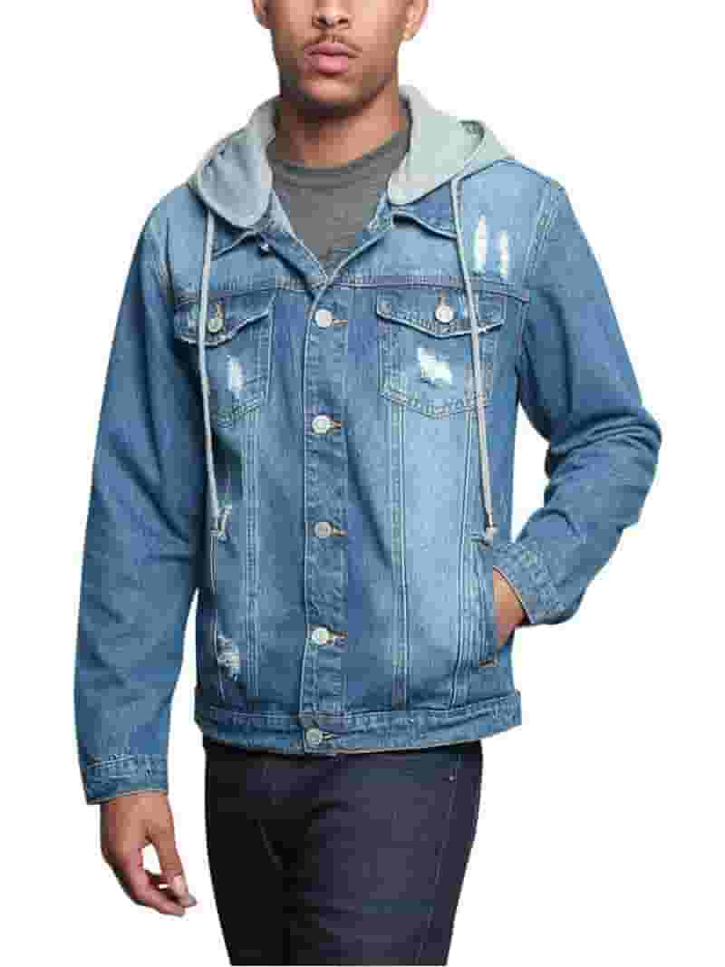 【WONDER WONDER】Biphy denim hooded snap denim jacket shirts Victorious Men's Detachable Hood Layered Look Distressed