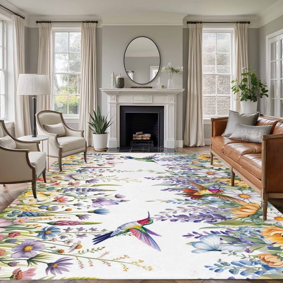 5'x7' Area Rugs for Living Room Bedroom, Watercolor Floral Washable Rug Carpet Runner Indoor Outdoor, Spring Daisy Sunflowers Wisteria Hummingbird Non Slip Floor Mats Area Rug for Kitchen, Nursery