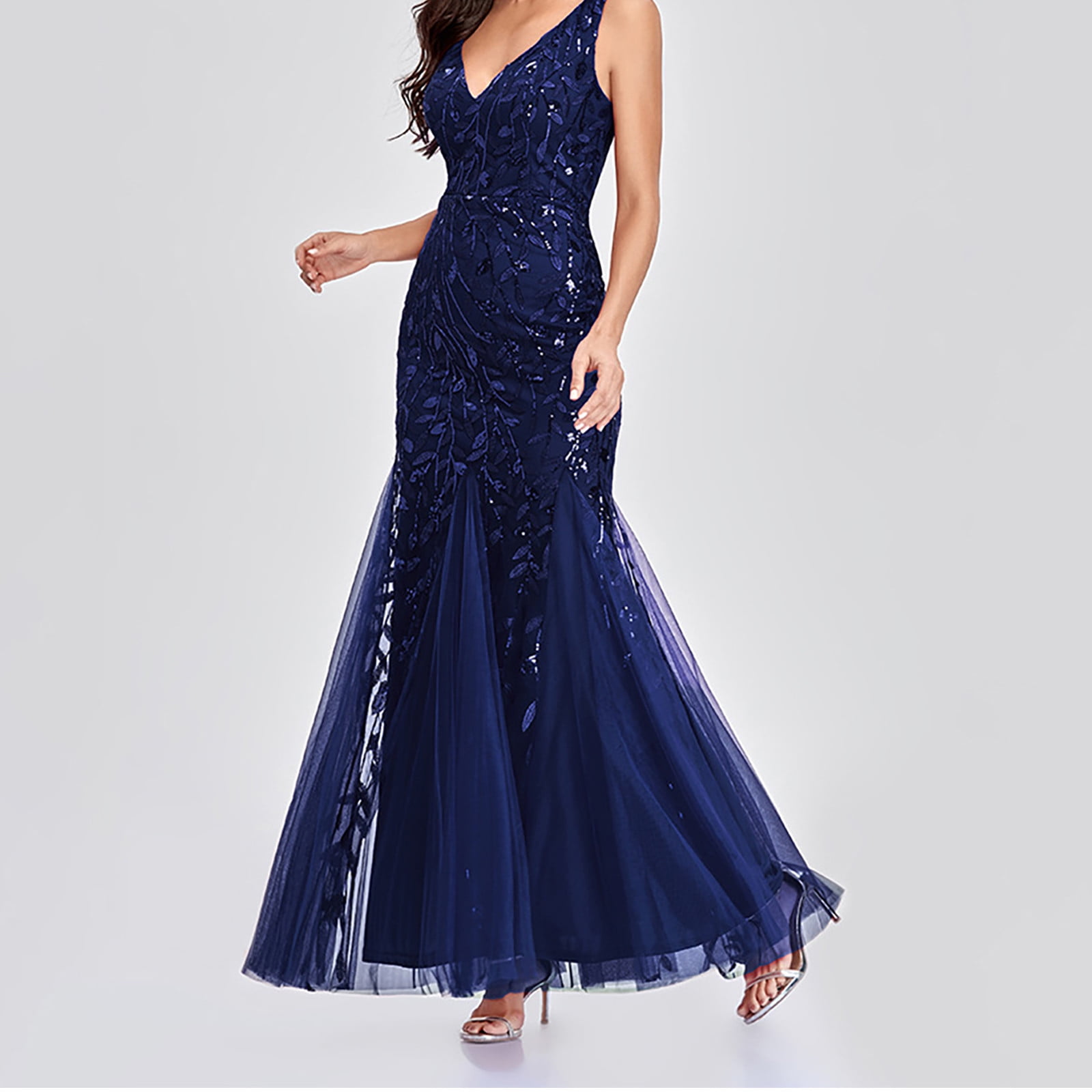 Womens Luxurious Sequins Formal Evening Dress Elegant Sleeveless Mermaid Tulle Floor Lenght Party Cocktail Dresses