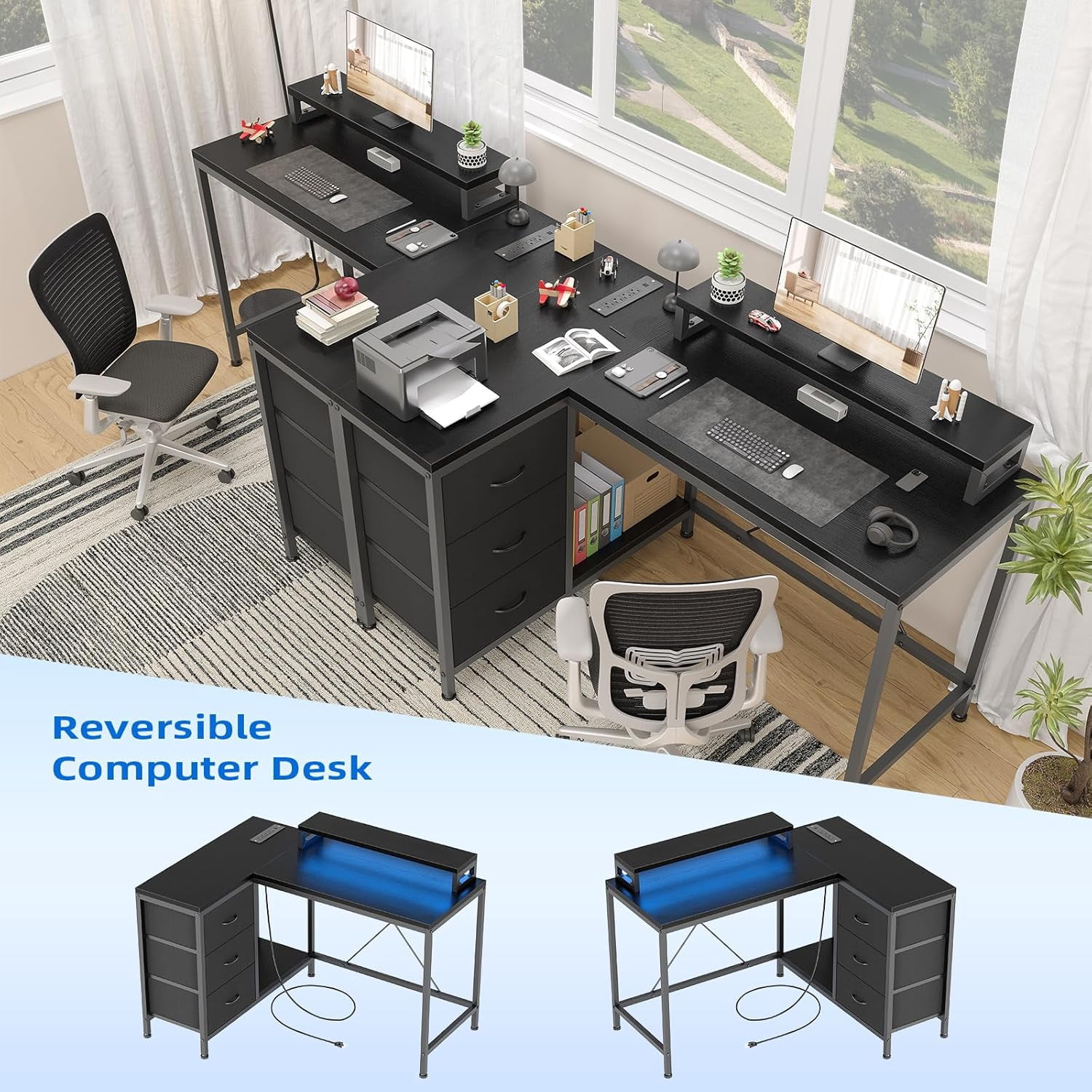 43" L-Shaped Computer Desk with 4 Power Outlets and 7-Color Led Lights, 3-Drawer Gaming Desk