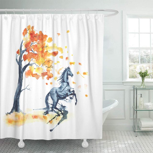 ABPHQTO Acuarela húmeda Caballo encabritado con manchas de tinta Manchas Árbol otoñal con cortinas de ducha de baño impermeables amarillas Juego 165x180 cm
