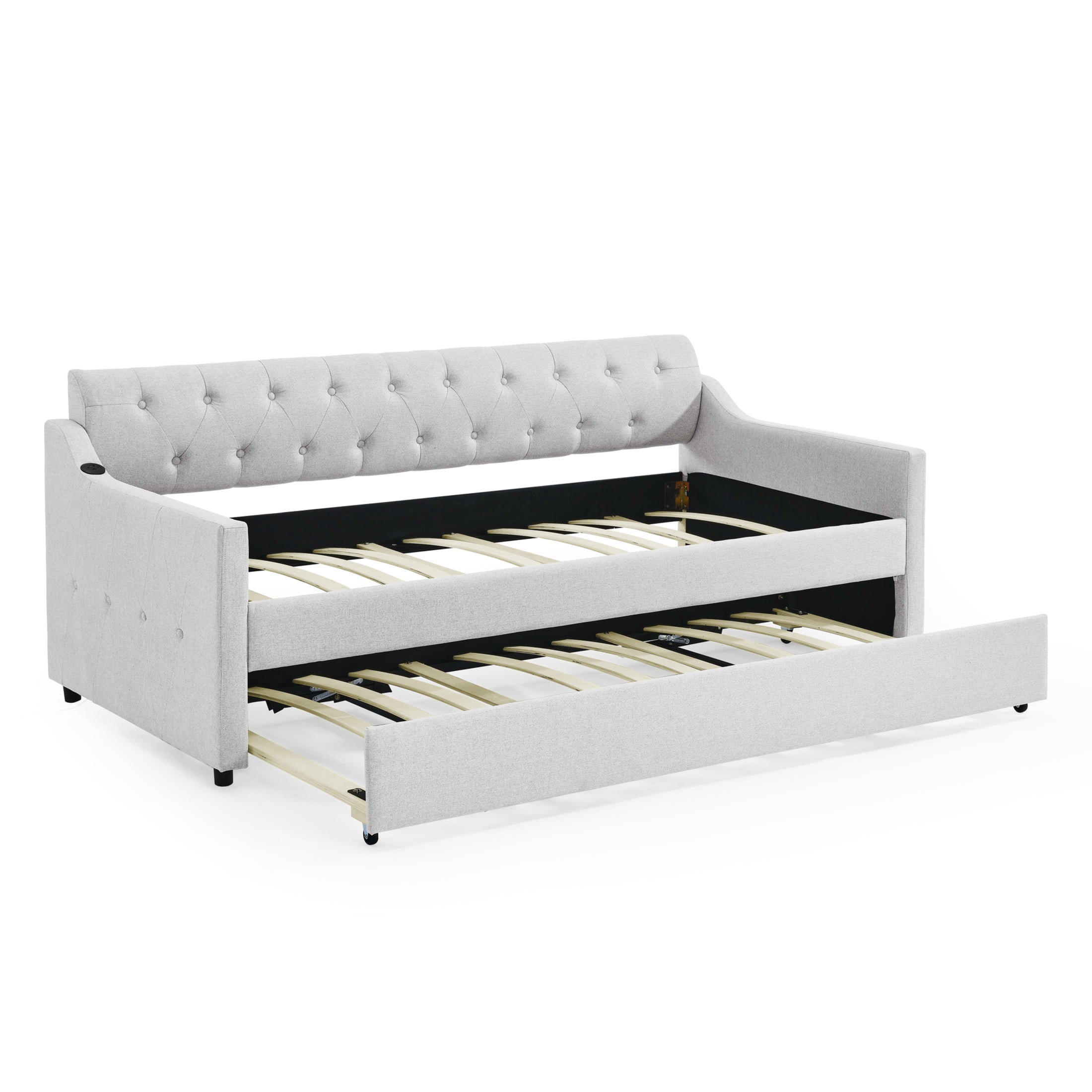 Noble House Carola Twin Size Linen Upholstery Daybed, Mid-Century Tufted Sofa Bed with Trundle and Charging Port, Beige