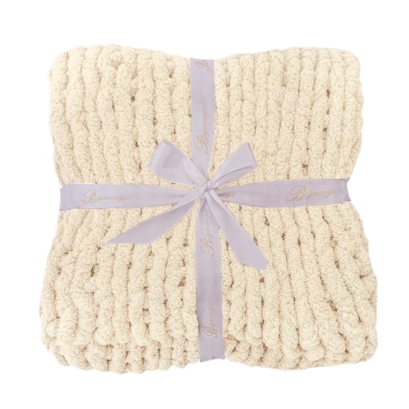 Plush Chunky Knit Throw Blanket, Hand Knitted 40x60 Inches Chenille Yarn, Oversized Cable Crochet for Couch Bed Sofa Living Room Warmth, Beige