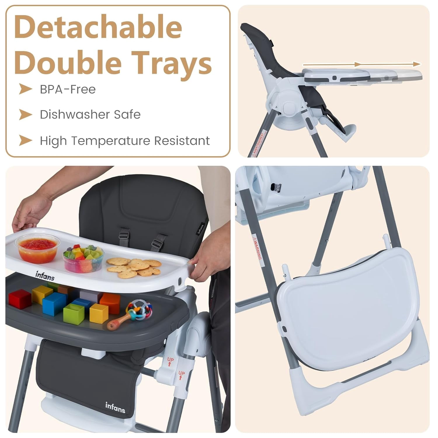 INFANS High Chair for Babies and Toddlers, Foldable Highchair with 7 Different Heights 4 Reclining Backrest Seat 3 Setting Footrest, Removable Tray Built-in Rear Wheels with Locks