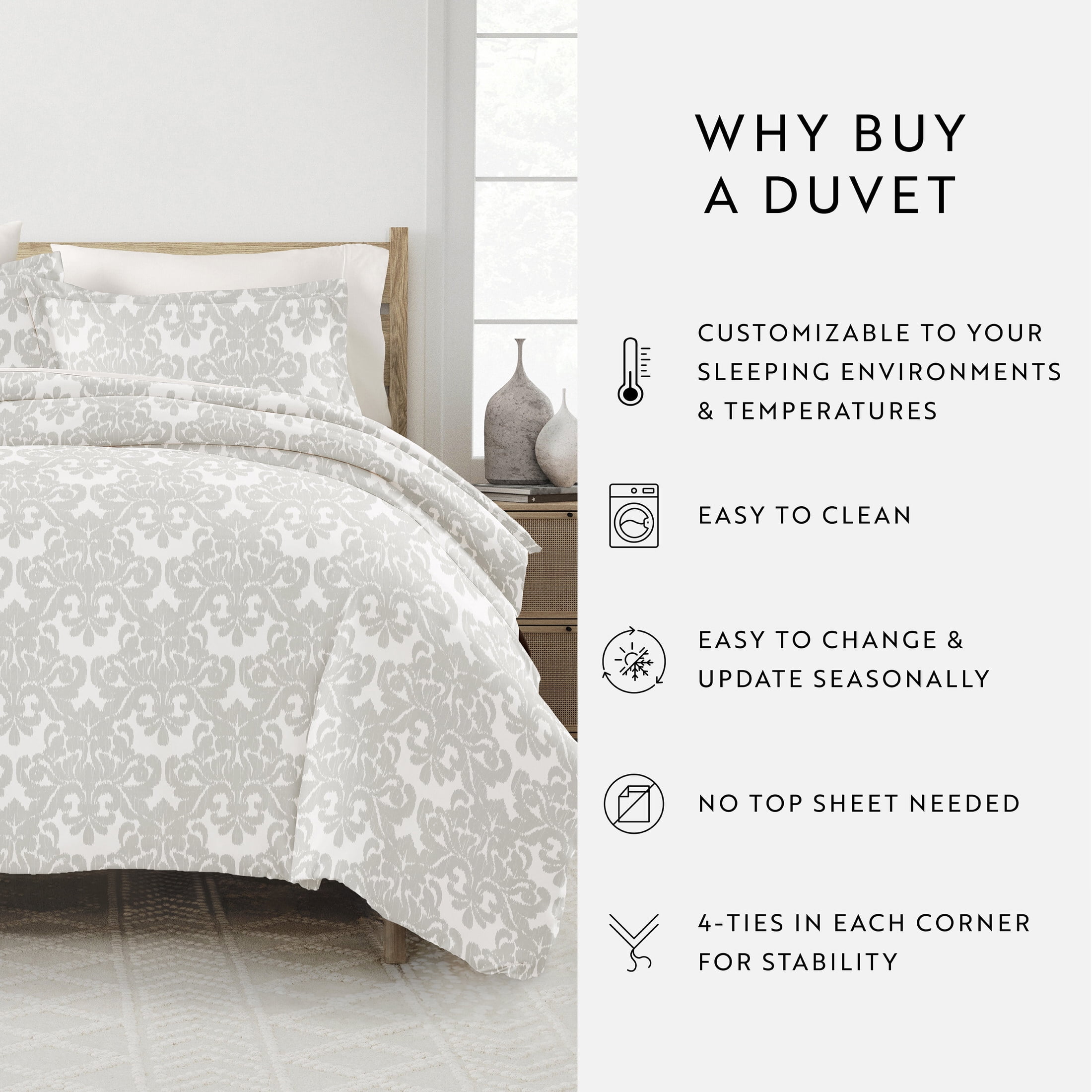 Noble Linens Light Gray Soft Damask Pattern 3-Piece Duvet Cover Set, King/Calking