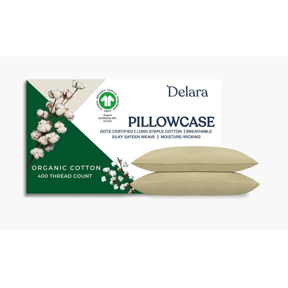 Delara GOTS Certified 100% Organic Cotton Queen Pillowcase Set of 2, 21"x32", 400TC Long Staple, Ultra Soft, Breathable & Smooth, Sage Green