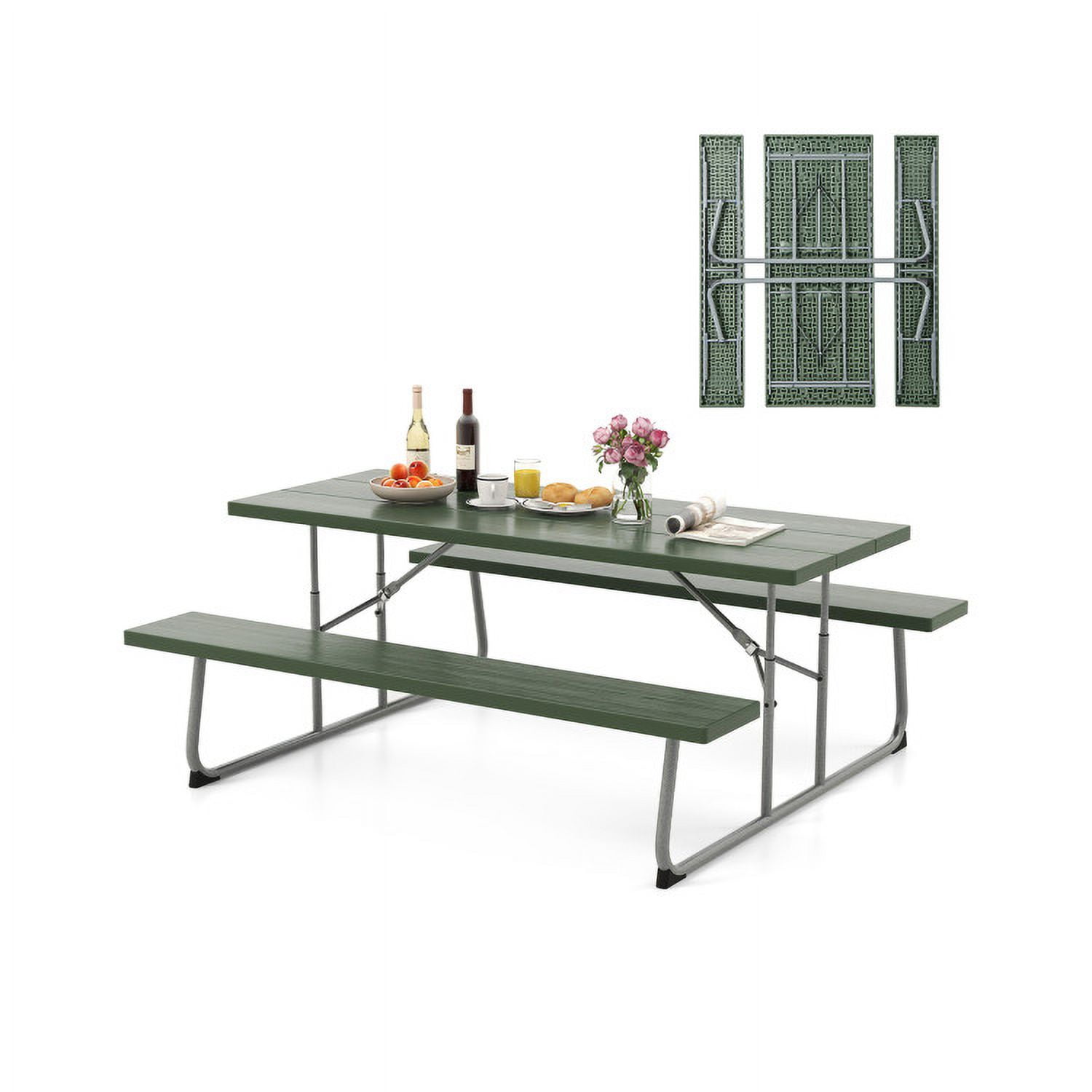 Aimee Lii Folding Picnic Table Set with Metal Frame and All-Weather HDPE Tabletop Umbrella Hole, Outdoor Patio Furniture, Green