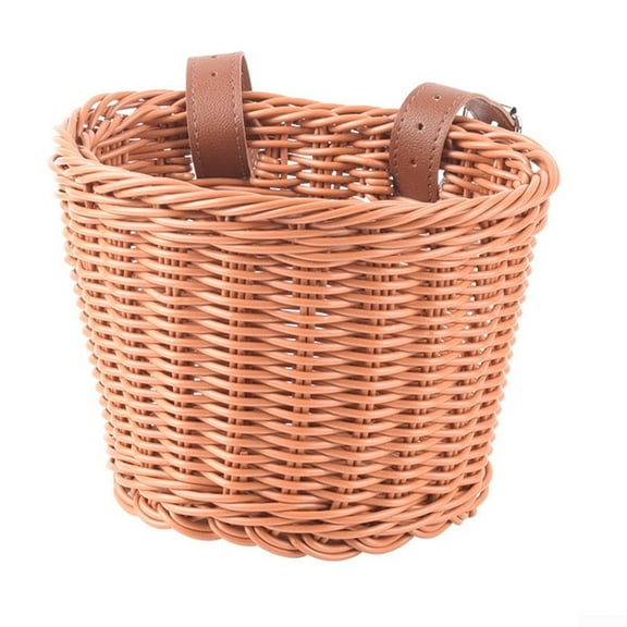 Removable Imitation Rattan Bicycle Basket with Faux Leather Strap Large Capacity