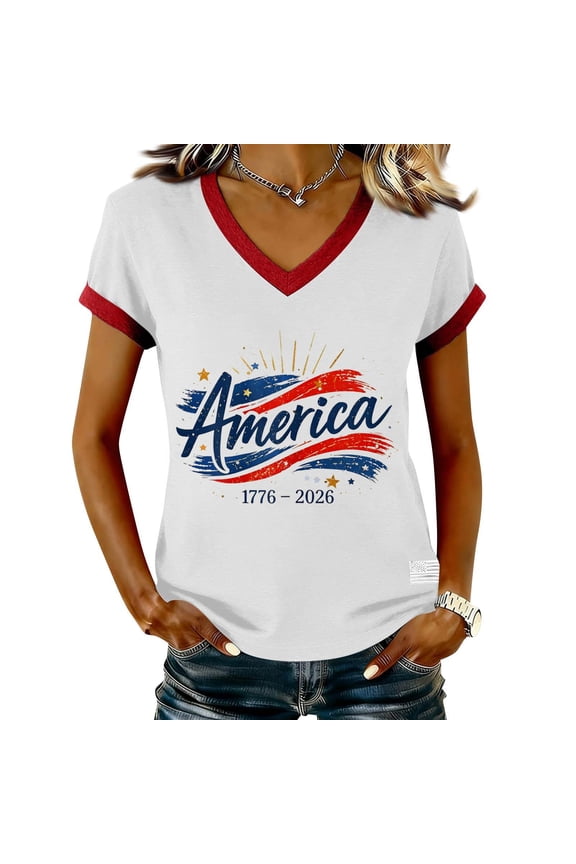 Women's 250th Anniversary USA T-Shirt, Patriotic V-Neck Short Sleeve Top, 1776-2026 Independence Day Commemorative Shirt with Contrast Trim, Summer Graphic Tee